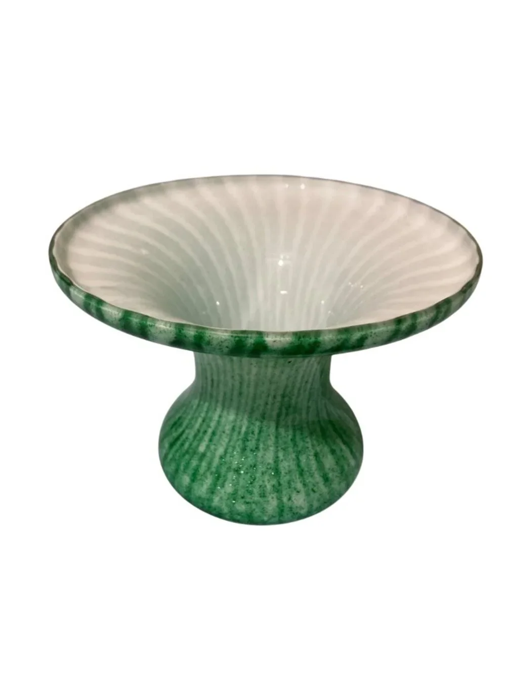 Green And White Cased Glass Vase With Fluted Rim And Striped Pattern